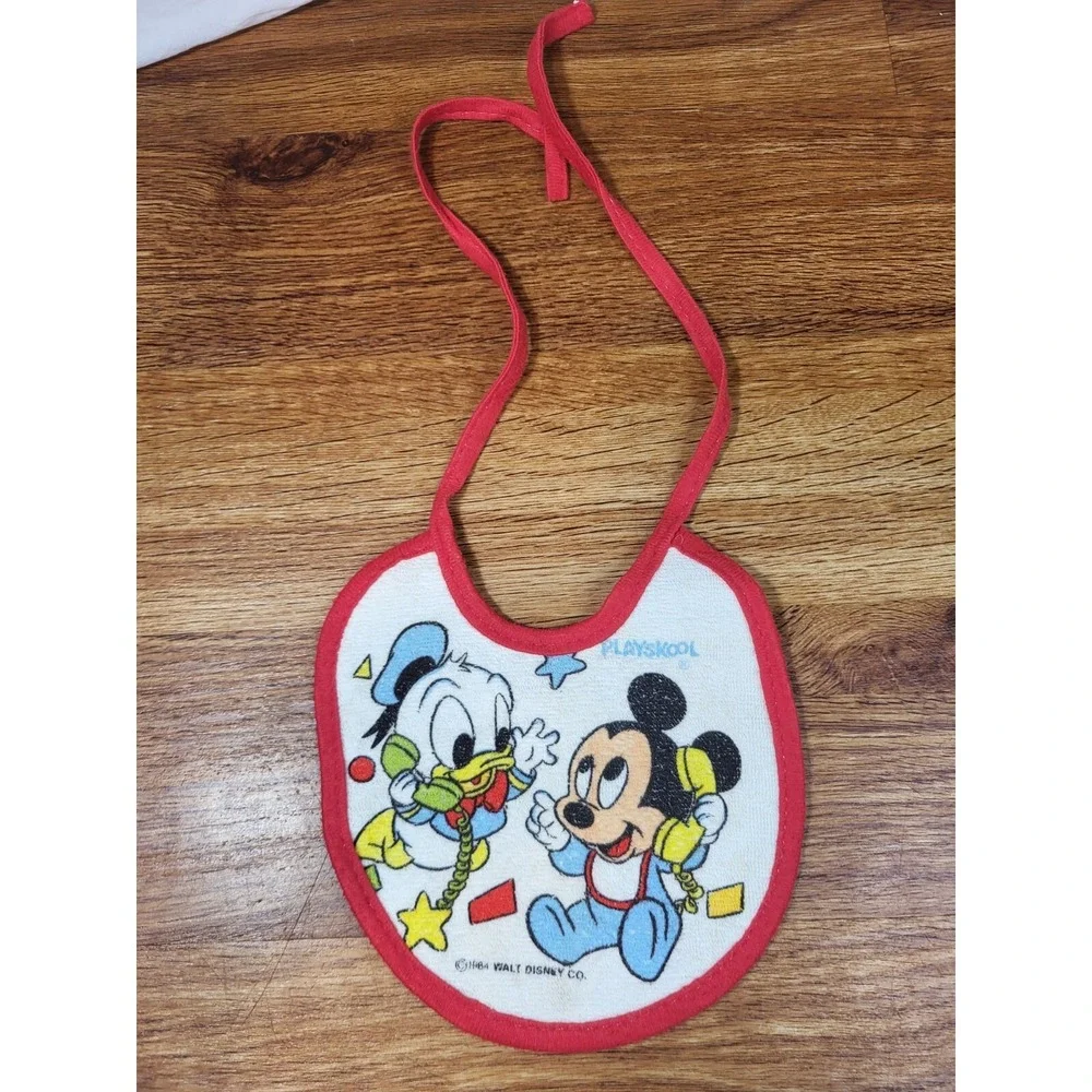 1984 Playskool Disney Babies MICKEY MOUSE & DONALD DUCK Baby‎ Bib Vintage